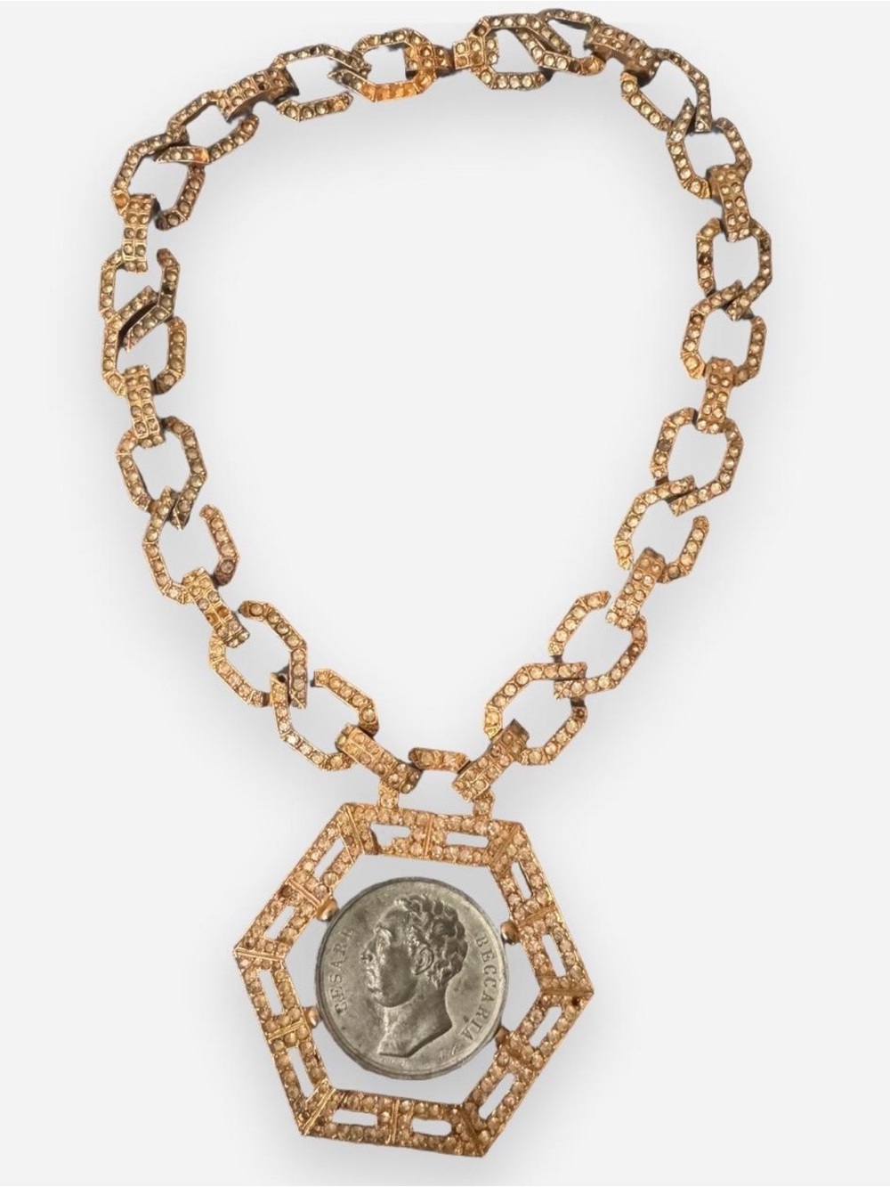Vintage Kenneth Lane Rhinestone Encrusted Link Chain Coin Pendant Necklace